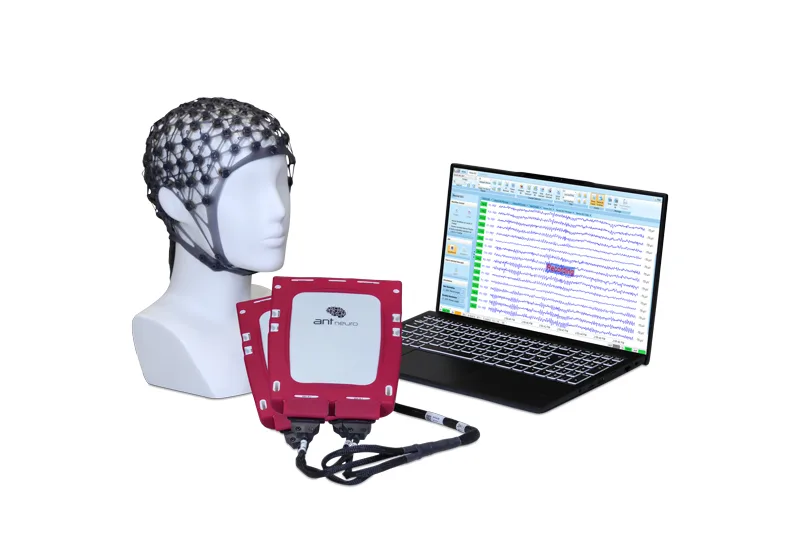 Solankowy czepek EEG ANT Neuro waveguard net z laptopem i wzmacniaczami eego